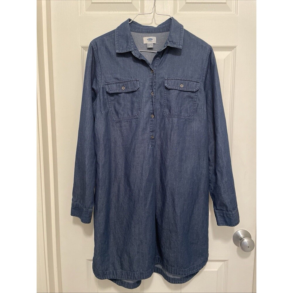 Old‎ Navy Chambray Shirt Dress Dark Wash 1/2 Button Long Sleeve Women's Medium
